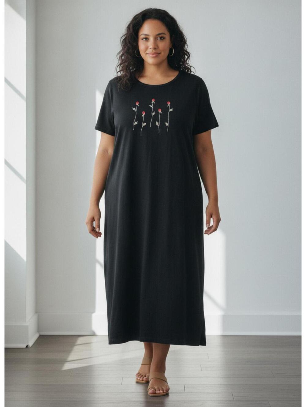 Silhouettes Vintage Casual Black Midi Dress with Floral Embroidery 1X